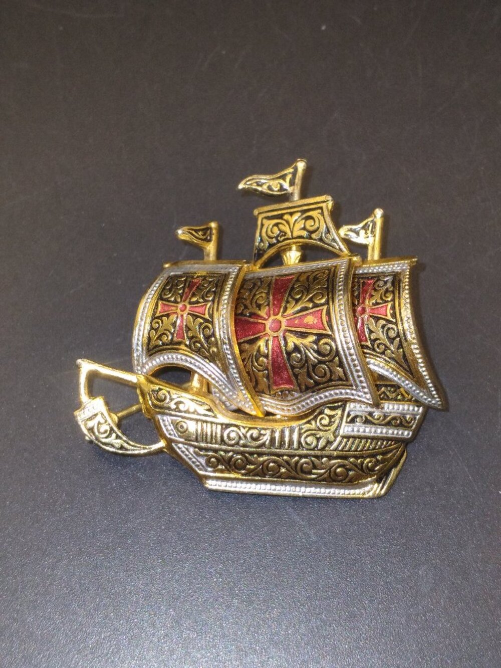 Vintage Stamped Spain Damascene Ship Brooch